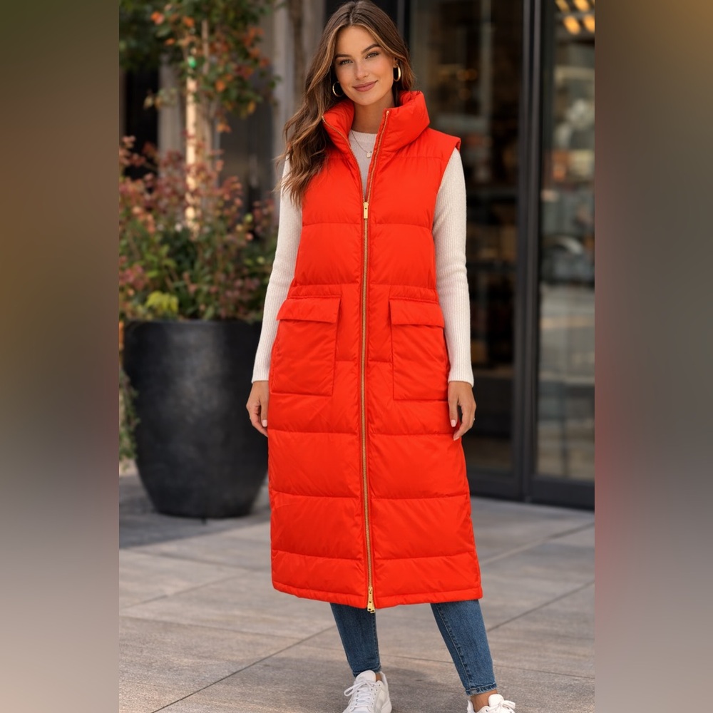 Culture Long Orange Down Puffer Vest | 90% Down | Sleeveless | Size S | NWT - Picture 12 of 12
